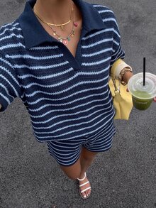 Muchica Women's Casual Comfortable Navy Blue & Blue Colorblock Collared Short Sleeve Top And Shorts 2 Pieces Set - Blue - View 5