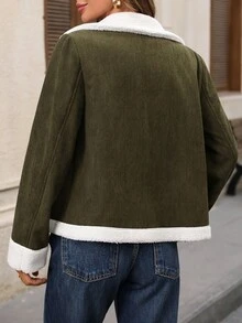 EMERY ROSE Women's Autumn/Winter Plush Patchwork Zipper Metal Button Stand Collar Casual Jacket - Army Green - View 2