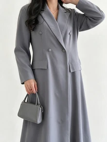 Yasveil Women Medium Grey Notched Lapel Double Breasted Fitted Waist Long Abaya Modest Muslim Dress Middle East Dubai Fall Office Elegant Robe - Grey - View 7