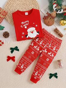 SHEIN Cute & Comfortable Christmas Print Pattern Fitted Pajama Set For Baby Boys - Multicolor - View 5