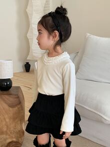 DAZY Áo bé gái màu trơn cổ tròn phối ren thời trang đa năng - Màu be - Xem 4