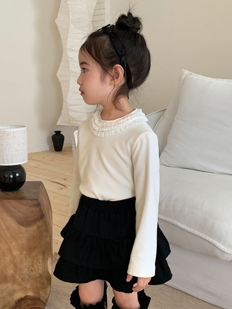 DAZY Baby Girl Solid Color Round Neck Lace Patchwork Fashion Versatile Top - Beige - View 1