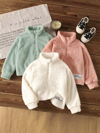 SHEIN مجموعة هودي للأطفال 3 قطع للبنات الصغيرات بلون موحد وياقة قائمة وسحاب نصفي من الفليس المقصوص للخريف والشتاء، فليس مزدوج الوجه