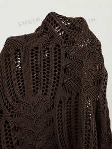 SHEIN LUNE CURVE 女款大尺碼V領蝙蝠袖鏤空套頭針織衫 - 咖啡棕 - 查看 1