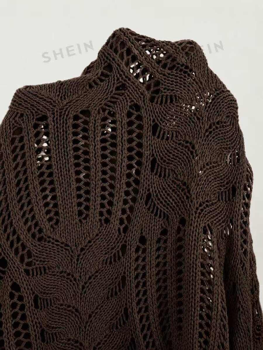 SHEIN LUNE CURVE 女款大尺碼V領蝙蝠袖鏤空套頭針織衫 - 咖啡棕 - 查看 1