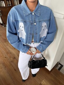 Rivivi Jaket Denim Pendek Wanita Plus Size dengan Bordir Aplikasi - Medium Wash - View 1