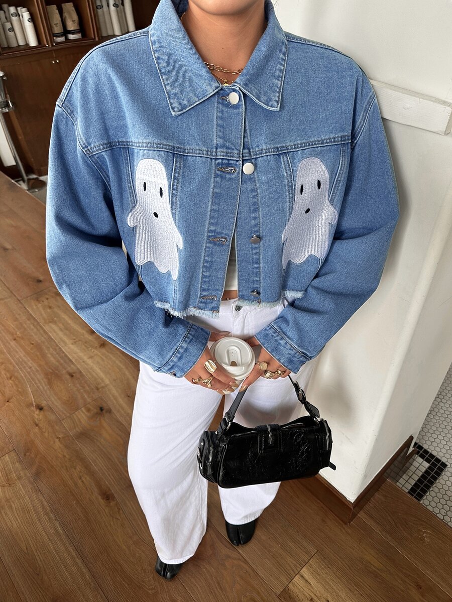 Rivivi Jaket Denim Pendek Wanita Plus Size dengan Bordir Aplikasi - Medium Wash - View 1