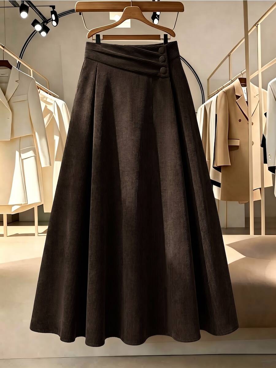 GlowEve CURVE Plus Size Women's Autumn/Winter Fashion Casual Daily All-Match Versatile Waist Knot Button Brown Ribbed Skirt - Brown - View 1
