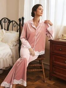 Côtesoire Contrast Lace Trim Velvet Pajama Set - Dusty Pink - View 6
