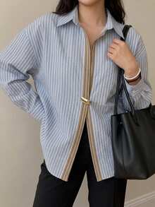 Dazy Plus Office Wear Design Lapel Long Sleeve Blue Striped Button Loose Casual Cotton Shirt - Blue - View 8