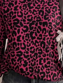 SHEIN EZwear 女款豹紋休閒百搭日常穿著運動衫 - 紅色 - 查看 4