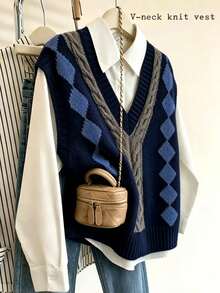 Resyla Women's Diamond Lattice Casual Versatile Daily Wear Knitted Vest - Navy Blue - View 1