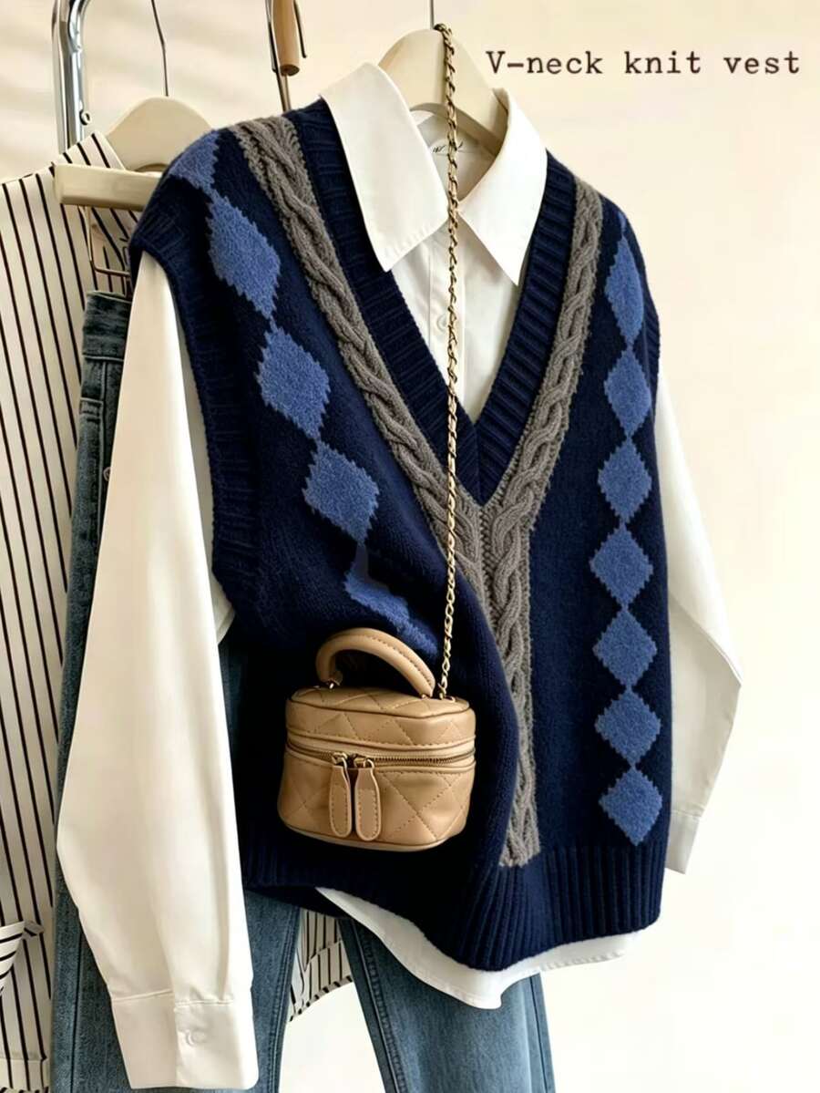 Resyla Women's Diamond Lattice Casual Versatile Daily Wear Knitted Vest - Navy Blue - View 1