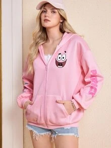 SpongeBob SquarePants | SHEIN Women's Cartoon Pattern Print Zip-Up Sweatshirt With Pockets - Baby Pink - View 6