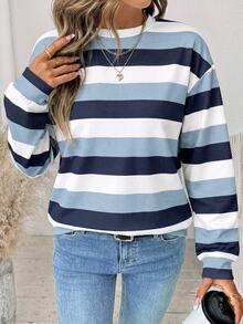 SHEIN LUNE 女款衛衣，秋季服飾，休閒極簡復古優雅通勤百搭保暖印花圖案藍白條紋，秋季穿搭，女款通勤穿搭，百搭上衣，外出穿搭，機場穿搭 - 白色 - 查看 3