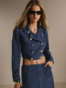 Poéselle Women's Cropped Double Breasted Denim Jacket With Gold Buttons And Notched Lapel, Elegant - Dark Wash - View 1