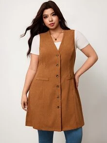 Truni Plus Size Women's Western Style Casual Corduroy Vest Long Coat Pear Body,Triangle Body Fall - Brown - View 5