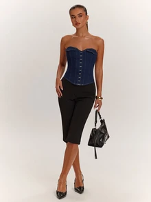 SHEIN BAE Women's Denim Bandeau Sleeveless Asymmetrical Hem Bustier - Blue - View 4