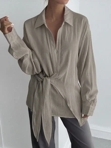 DAZY 女款半鈕扣側綁帶套頭休閒優雅襯衫 - 灰色 - 查看 3