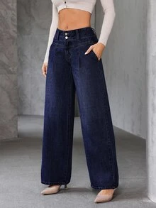SHEIN Tall Celana Jeans Kaki Lebar dengan Kantong Miring - Biru - View 5