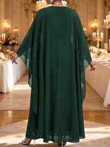 Fleurora Plus Size Women Solid Color V-Neck High Waist Pleated Rhinestone Decor Asymmetrical Long Sleeve Dress - Dark Green - View 2