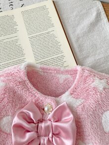 SHEIN Elladie kids 2件組女嬰夾克洋裝套裝，甜美可愛粉白蝴蝶結愛心印花，長袖圓領加厚款，生日派對秋冬節日禮物 - 粉色 - 查看 5