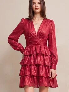BELROSIE 法式風格V領甜美碎花度假短款層次雪紡長袖蛋糕裙女款迷你洋裝 - 深紅色 - 查看 4