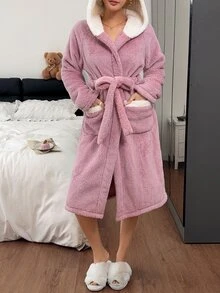 Napfluff Damers lång mjuk plysch avslappnad minimalistisk mode bekväm huva långärmad morgonrock med fickor, lämplig för utomhusbruk - Mauve Lila - Visa 6