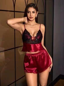SilkySpell Women's Lace Patchwork Camisole Top And Shorts Sexy Casual Home Sleepwear Set - Burgundy - View 5
