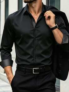 Manfinity Homme Men's Black Long-Sleeve Plus Size Business Casual Shirt Premium Embossed Design. - Black - View 3