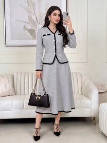 Feyla Women's Korean Style Button Long Sleeve Jacket & Striped Colorblock Midi Skirt 2pcs Set - Grey - View 1