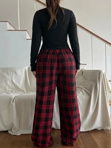 Dazy Plus Minimalist Casual Solid Color Top & Plaid Pants 2pcs Set Home Wear Spring Autumn New Pajama Outfit - Black - View 3