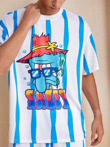 SpongeBob SquarePants | SHEIN Men's Cartoon Print Short Sleeve Top And Shorts Casual Daily Home Wear Set - Blue and White - View 6