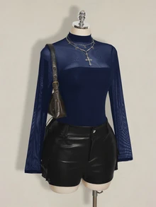 SHEIN ICON Plus Size Mesh Patchwork Y2K Sexy Bodysuit - Navy Blue - View 9