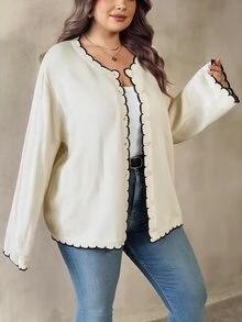 SHEIN CURVE+ Cardigan Rajut Wanita Ukuran Plus dengan Blok Warna dan Hem Melengkung - Aprikot - View 7