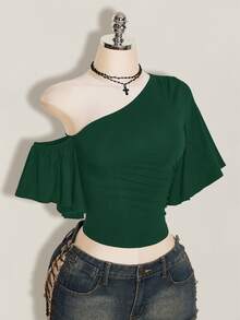 SHEIN ICON 女款素色不對稱肩休閒日常穿搭上衣 - 墨綠色 - 查看 9