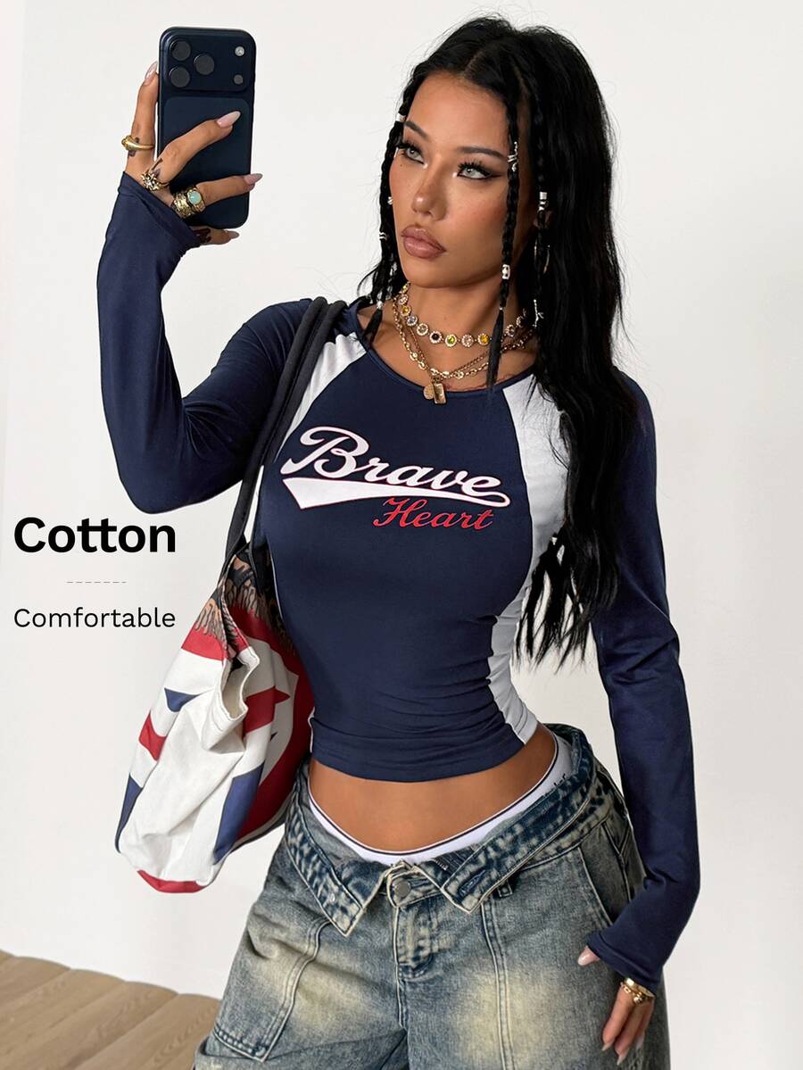 Coolane Women's Winter/Fall Streetwear Blue Round Neck Long Sleeve Tees - Multicolor - View 1