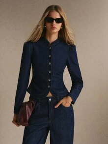 Poéselle Women's Fitted Band Collar Denim Shirt Jacket With Button Front And Curved Hem, Slim Fit - Dark Wash - View 6