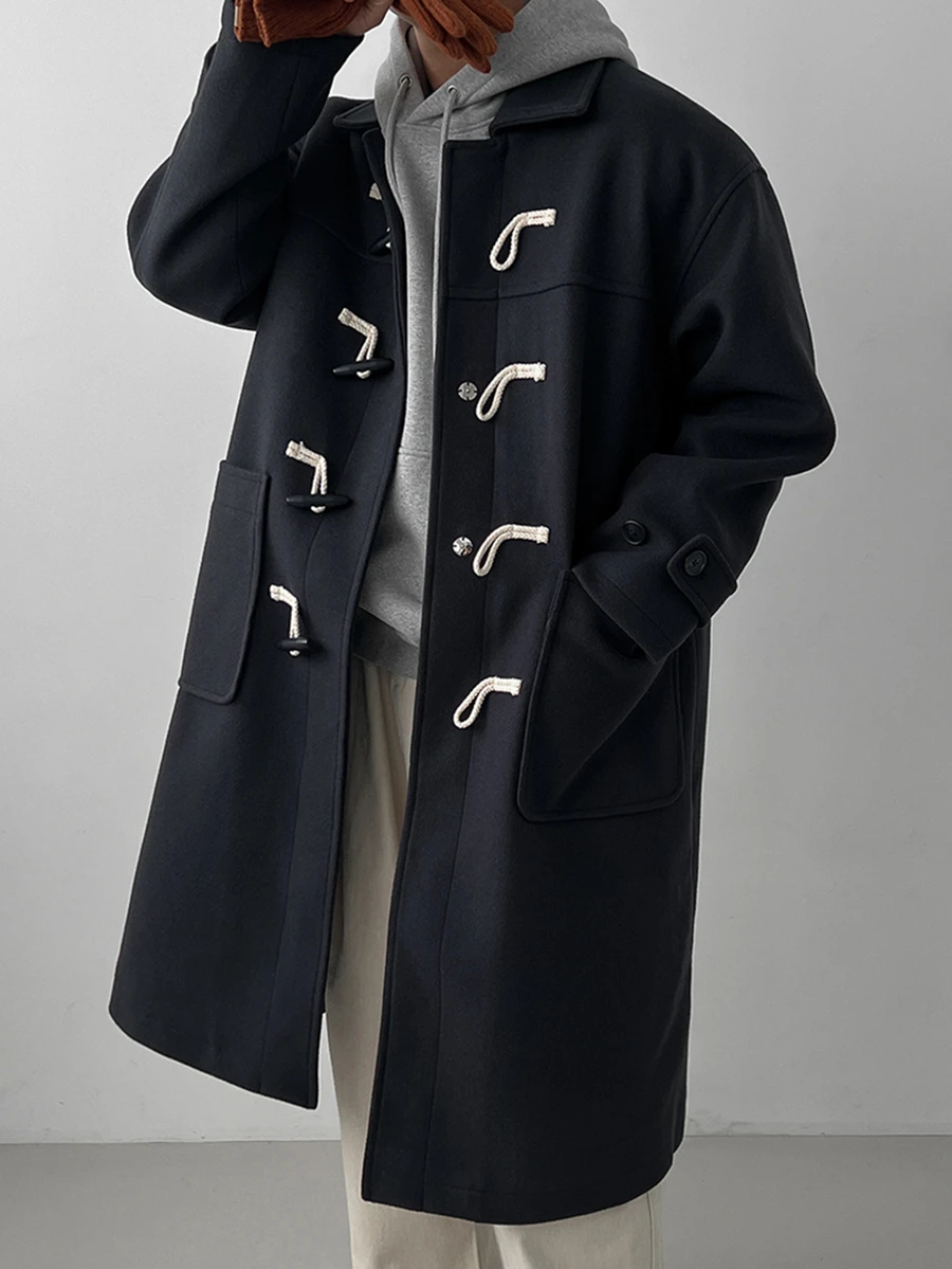 DAZY Autumn/Winter Navy Blue Wool Fabric Loose Cuff Adjustable Over-The-Knee Length Horn Button Placket With Hidden Metal Snap Inner Layer Matching Lining Korean Style Overcoat For Men - Navy Blue - View 1
