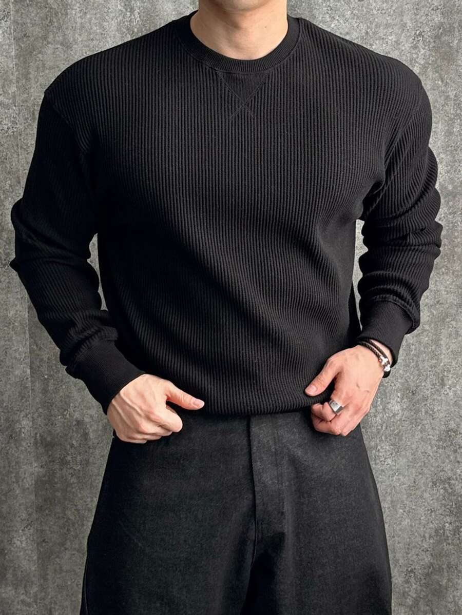 DAZY Kaos Lengan Panjang Leher Bulat Rajut Waffle Hitam Musim Semi/Gugur dengan Manset Bergaris dan Patchwork Kain Segitiga, Gaya Streetwear Pas Badan untuk Pria - Hitam - View 1
