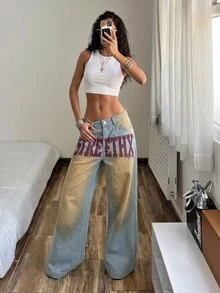 StreetHx Letter Graphic Washed Wide Leg Jeans - Blue - View 4