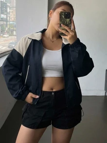 Dazy Plus Colorblock Patchwork Loose Casual Baggy Street Style Fall New Jacket Going Out Office - Navy Blue - View 2