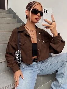 SHEIN EZwear 春秋穿搭落肩翻蓋設計短版燈芯絨夾克 秋冬款 - 棕色 - 查看 1