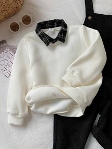 SHEIN 兒童小男孩/女孩，小男孩 2 件組秋冬休閒時尚運動衫套裝，POLO 領運動衫與綠色燈芯絨吊帶褲套裝，小男孩秋冬服飾，套裝，Squishy - 黑色 - 查看 8