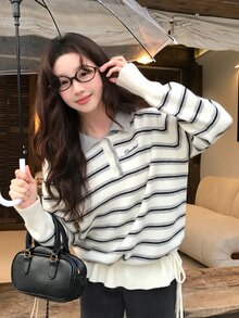 DAZY Sweater Wanita Berkerah Motif Garis Lengan Panjang Gaya Korea untuk Musim Gugur/Dingin - Light Grey - View 6