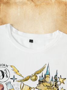 HARRY POTTER X SHEIN Women's Graphic Letter Print Short Sleeve T-Shirt - White - View 3