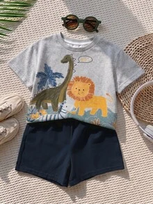 SHEIN 男嬰圓領動物印花休閒極簡短袖上衣 - 彩色 - 查看 1