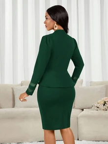 SHEIN Lady 女款優雅休閒正式商務深綠色荷葉邊西裝外套鉛筆裙兩件套 秋冬辦公工作聚會教堂聖誕外出穿搭 - 墨綠色 - 查看 2