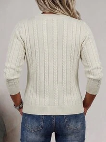 Linhara CURVE Plus Size Women's Autumn/Winter Solid Color V-Neck Long Sleeve Cable Knit Versatile Pullover Sweater - Light Yellow - View 2