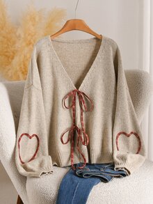 CosyJoli Plus Size Women's V-Neck Bowknot Oatmeal Color Tie-Front Casual Cardigan - Apricot - View 4
